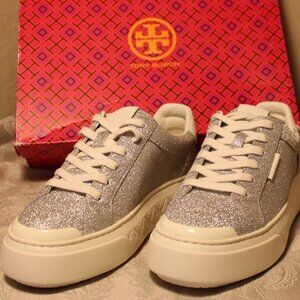Tory Burch Ladybug Leather Glitter Sneaker - Silver Glitter